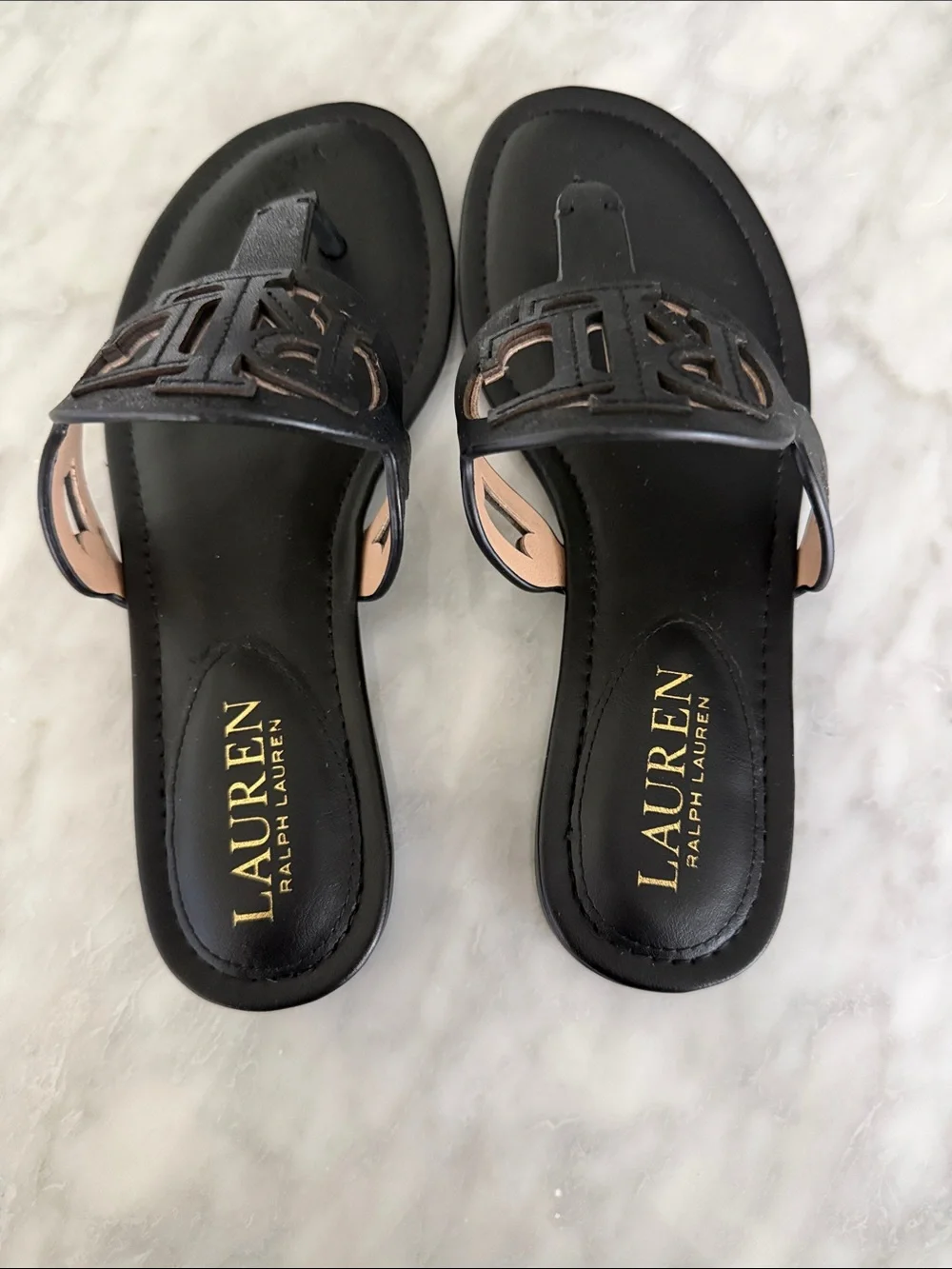 Lauren Ralph Lauren Black Logo Cutout Thong Slide Sandals